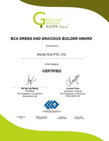 ENGIE RCS Awarded BCA Green And Gracious Builder Award 2022